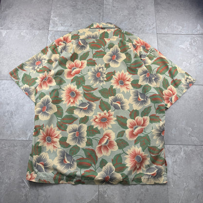 90s Polo by Ralph Lauren Green Cotton x Linen x Ramie Flower Open Collar Shirt XL