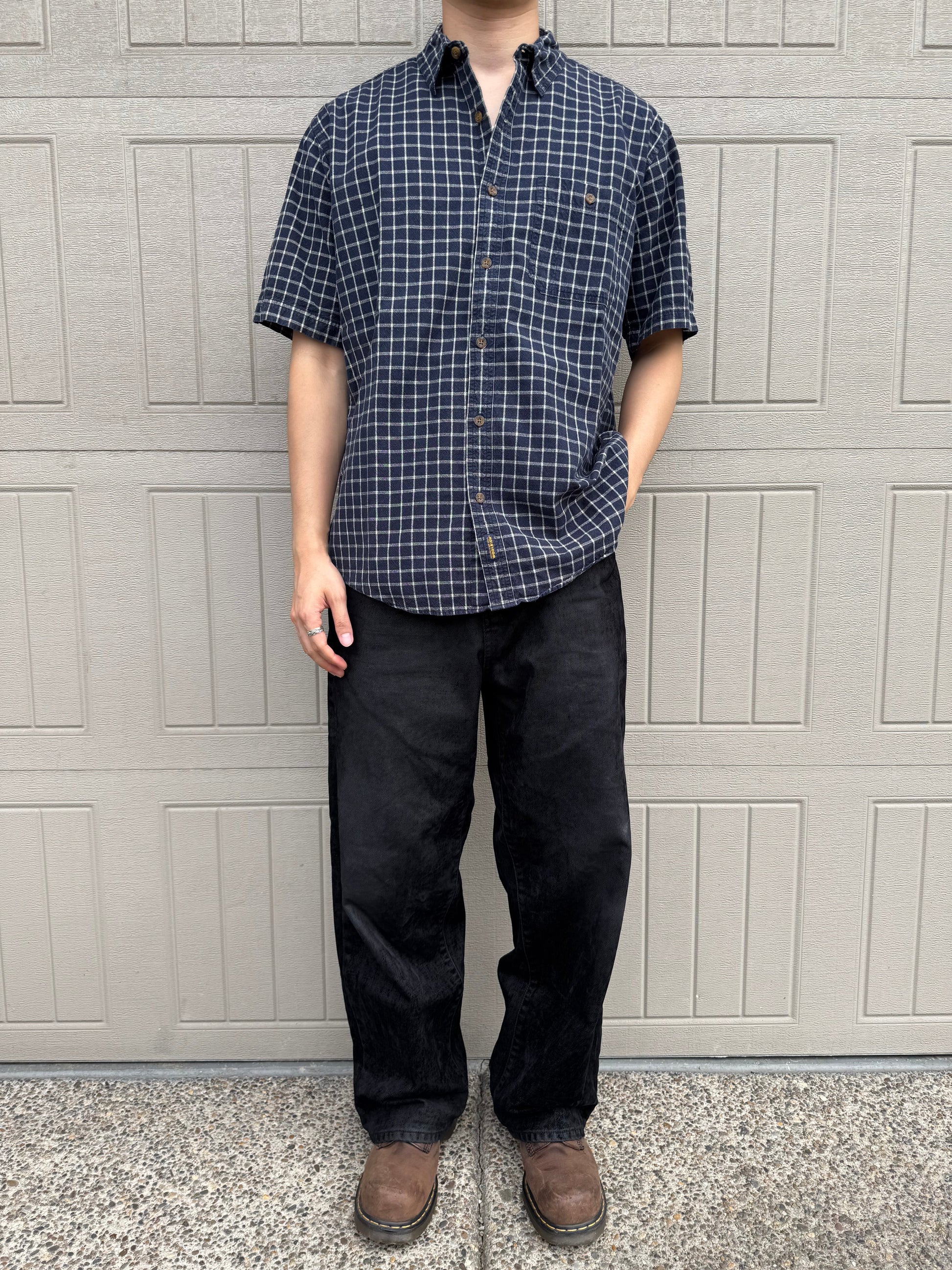 90s Wool Rich Navy Checkered Heavyweight Cotton Short Sleeve Shirt KiiChain Clothing
