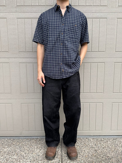 90s Wool Rich Navy Checkered Heavyweight Cotton Short Sleeve Shirt KiiChain Clothing
