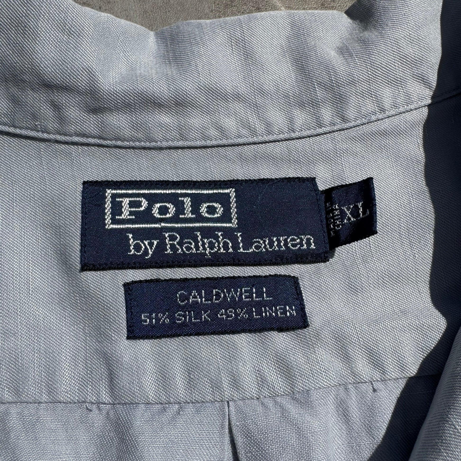 90s-00s Ralph Lauren “Caldwell” Light Blue/Gray Silk x Linen Open Collar Shirt KiiChain Clothing