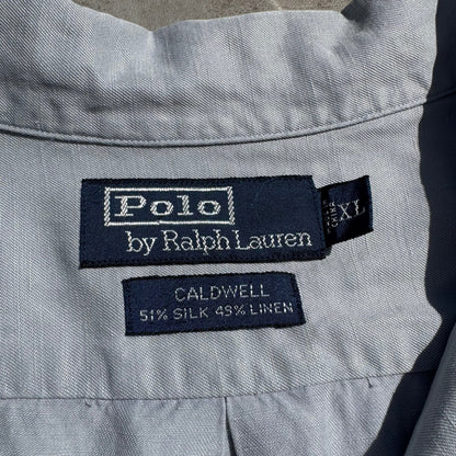 90s-00s Ralph Lauren “Caldwell” Light Blue/Gray Silk x Linen Open Collar Shirt KiiChain Clothing