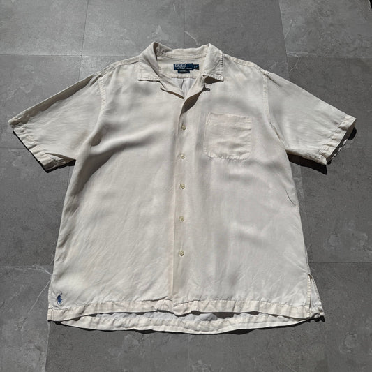 90s-00s Ralph Lauren “Caldwell” Silk x Linen Cream Open Collar Shirt KiiChain Clothing