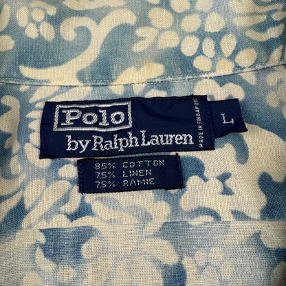 80s-90s Polo by Ralph Lauren Light Blue Paisley Cotton x Linen x Ramie Open Collar Shirt L