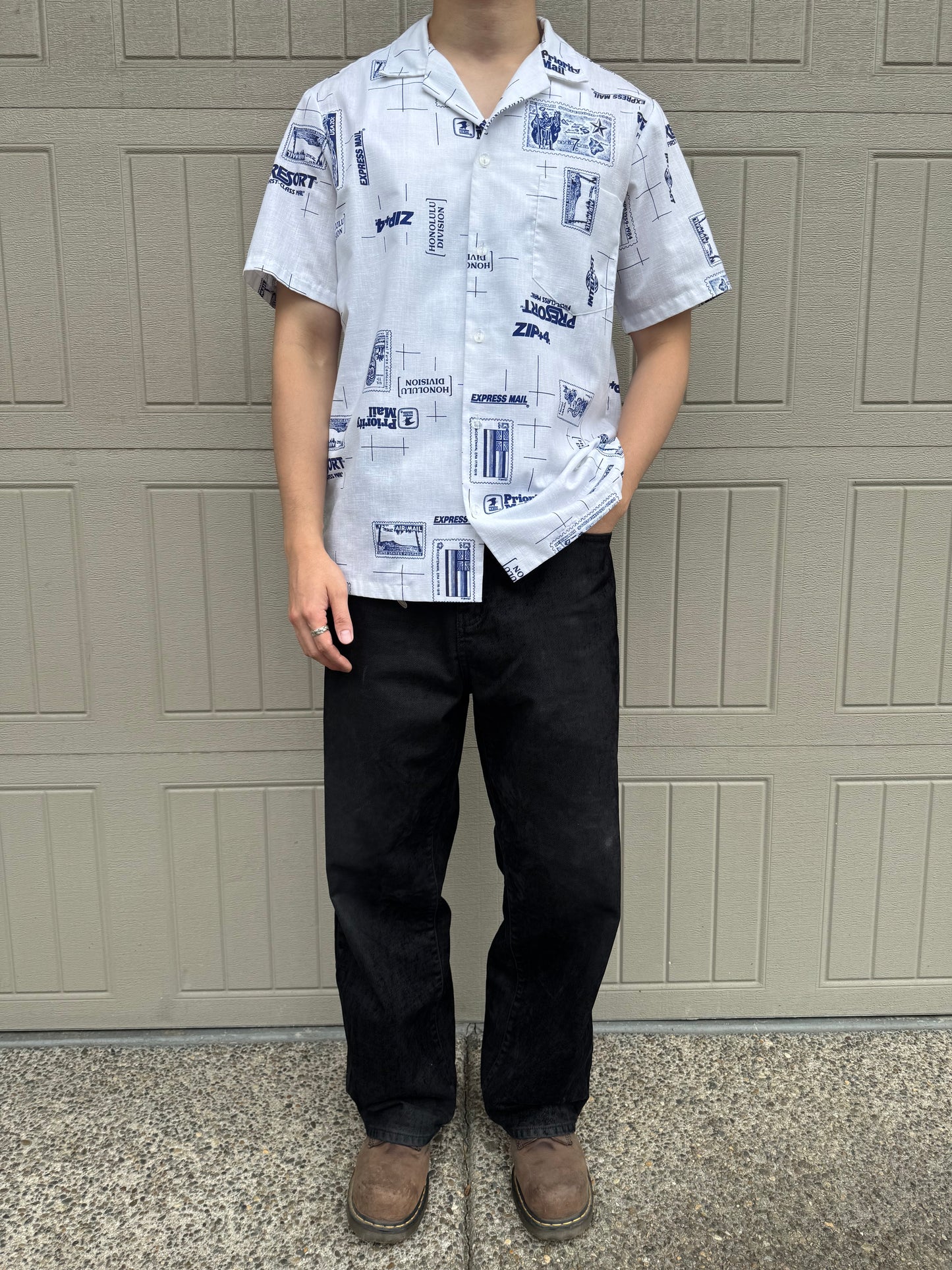 90s High Noon Made in USA White Shipping Stamp Open Collar Shirt