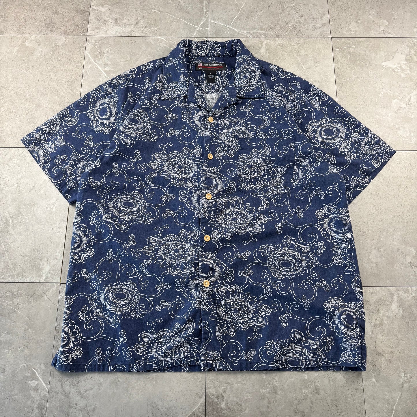 00s Ralph Lauren Polo Jeans Co. Navy Floral Open Collar Shirt