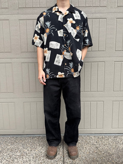 00s Jamaica Jaxx 100% Silk Black Floral Hawaiian Shirt