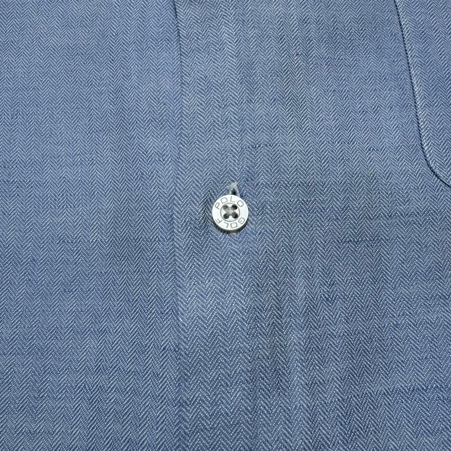 90s-00s Ralph Lauren Polo Golf Caldwell Blue Herringbone Silk x Linen Open Collar Shirt KiiChain Clothing