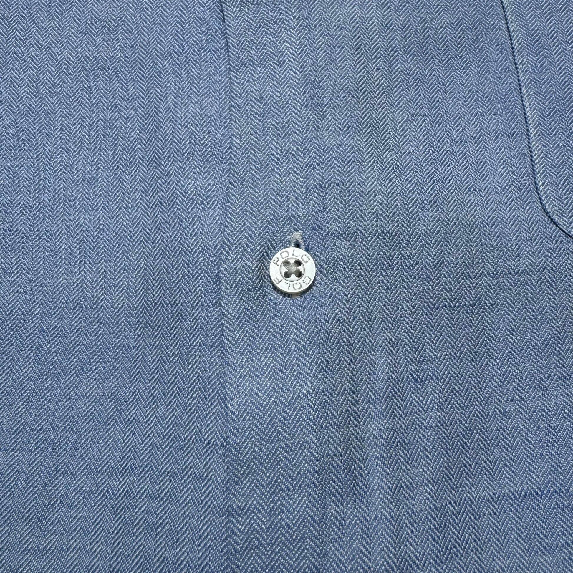 90s-00s Ralph Lauren Polo Golf Caldwell Blue Herringbone Silk x Linen Open Collar Shirt KiiChain Clothing