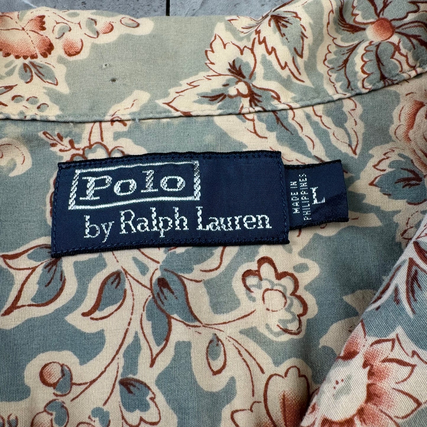 00s Polo by Ralph Lauren Faded Green Flower Pattern Open Collar Shirt L