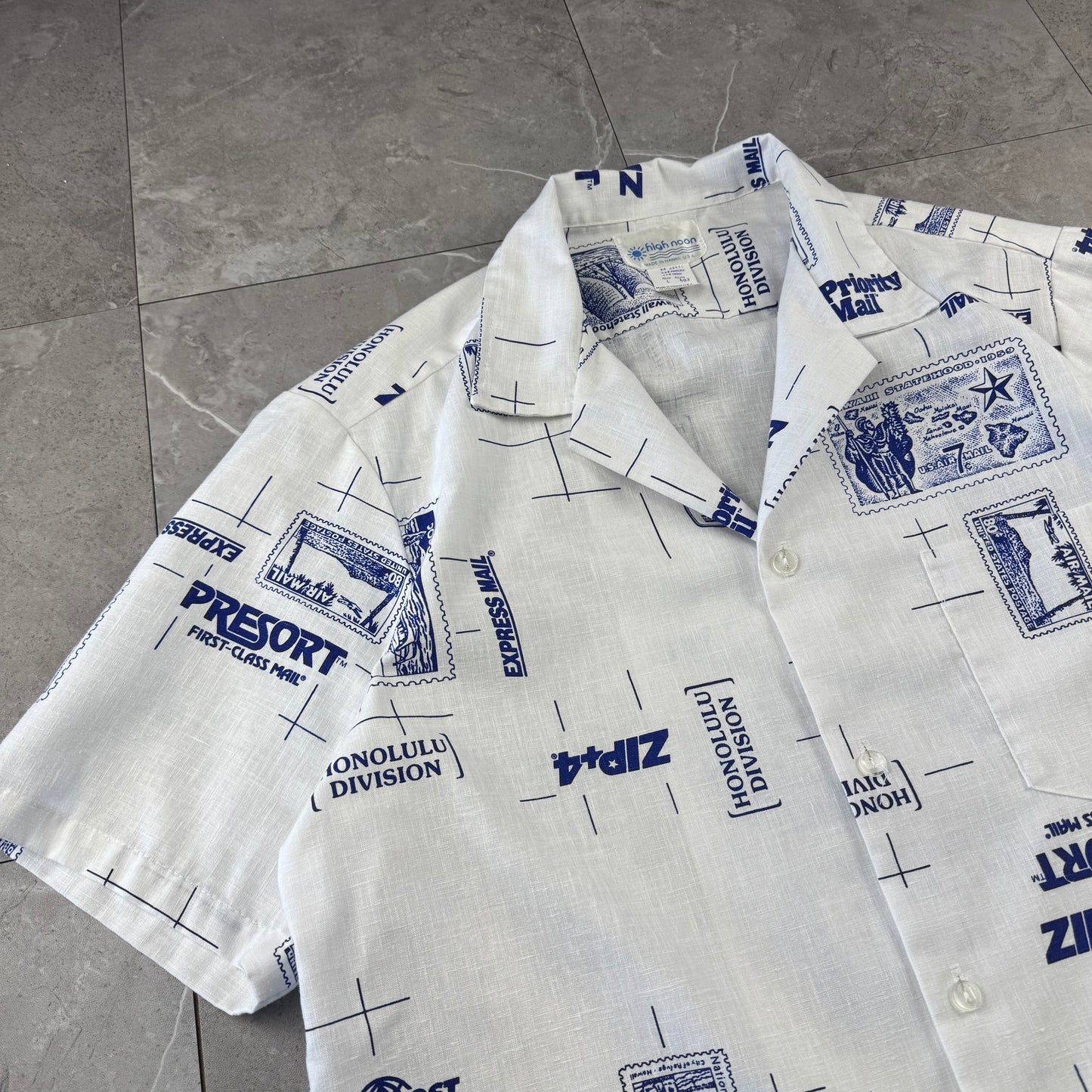90s High Noon Made in USA White Shipping Stamp Open Collar Shirt