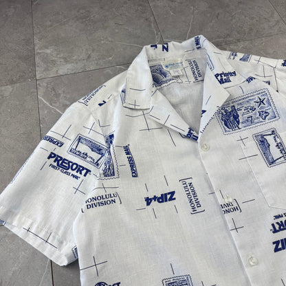 90s High Noon Made in USA White Shipping Stamp Open Collar Shirt