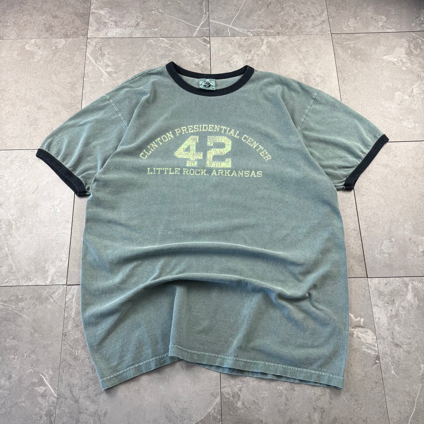 90s Authentic Pigment Clinton Presidential Center 42 Little Rock, Arkansas Faded Green Ringer T-Shirt