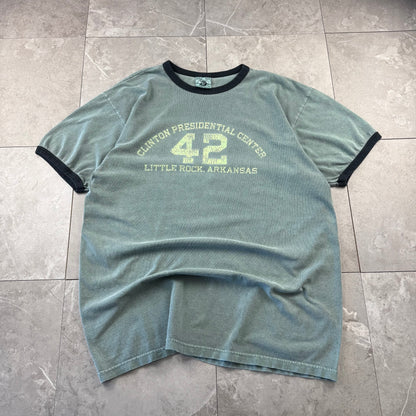 90s Authentic Pigment Clinton Presidential Center 42 Little Rock, Arkansas Faded Green Ringer T-Shirt