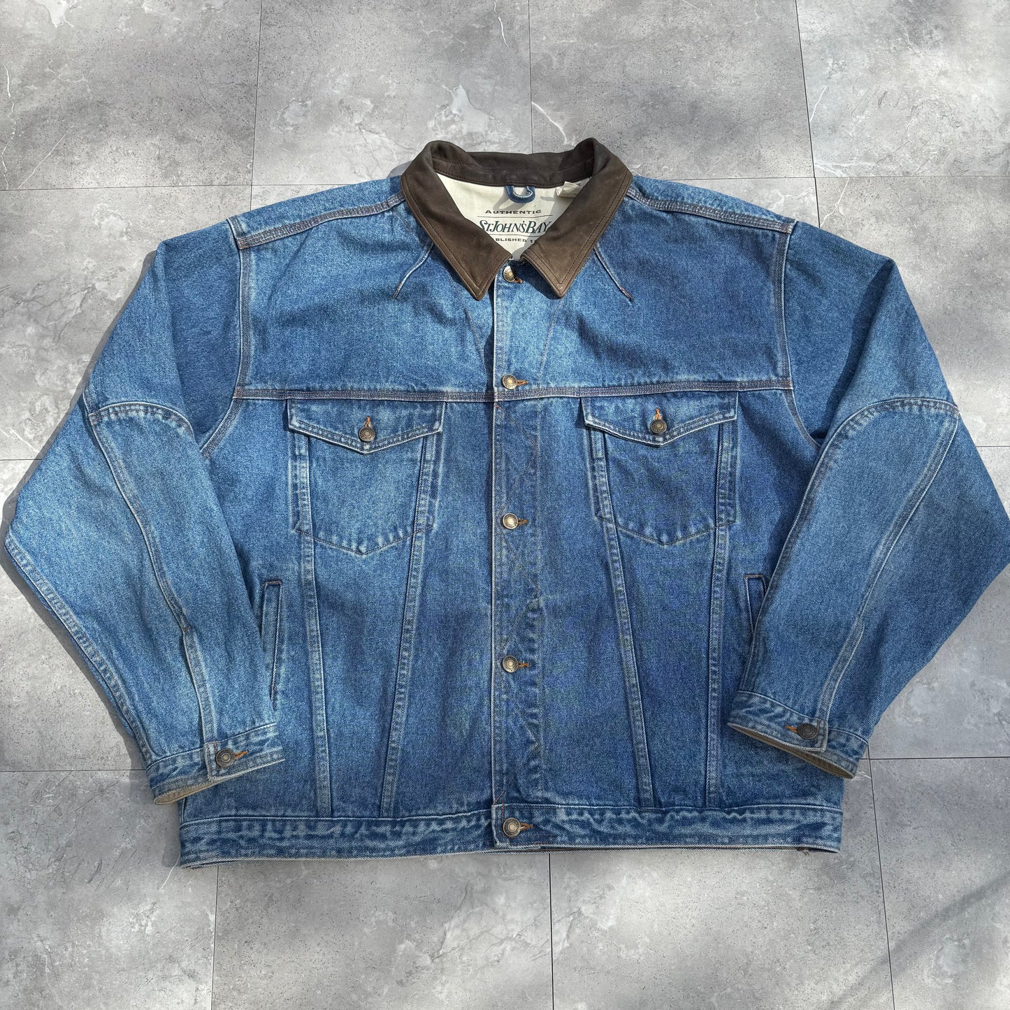 90s St. John's Bay Leather Collar Denim Jacket