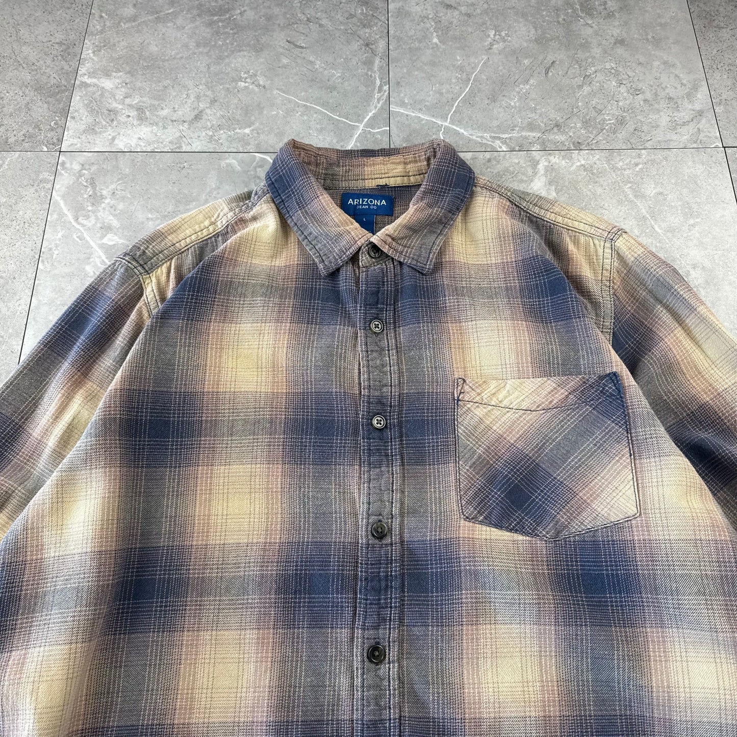 00s Arizona Beige & Navy Shadow Checkered Cotton Flannel Shirt