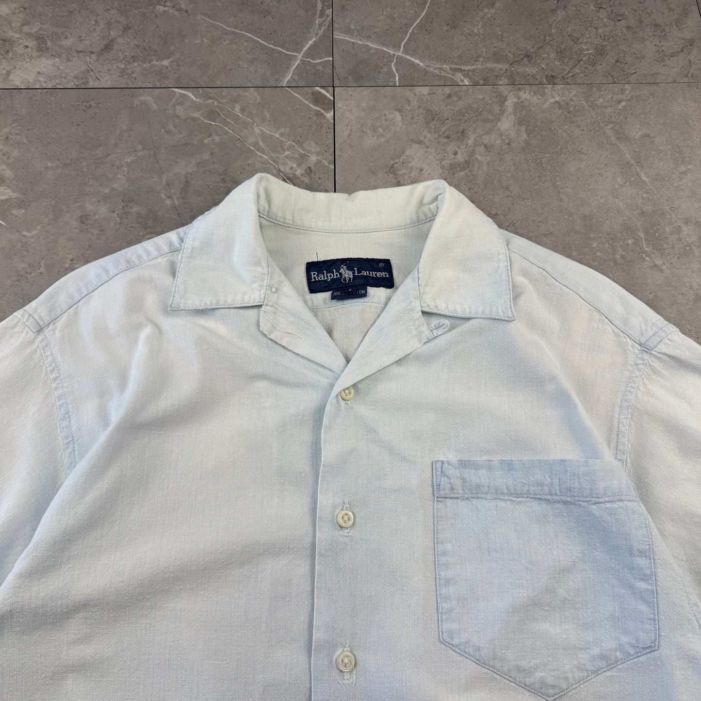 80s Ralph Lauren Faded Light Blue Sleeve Logo Open Collar Shirt Size 4
