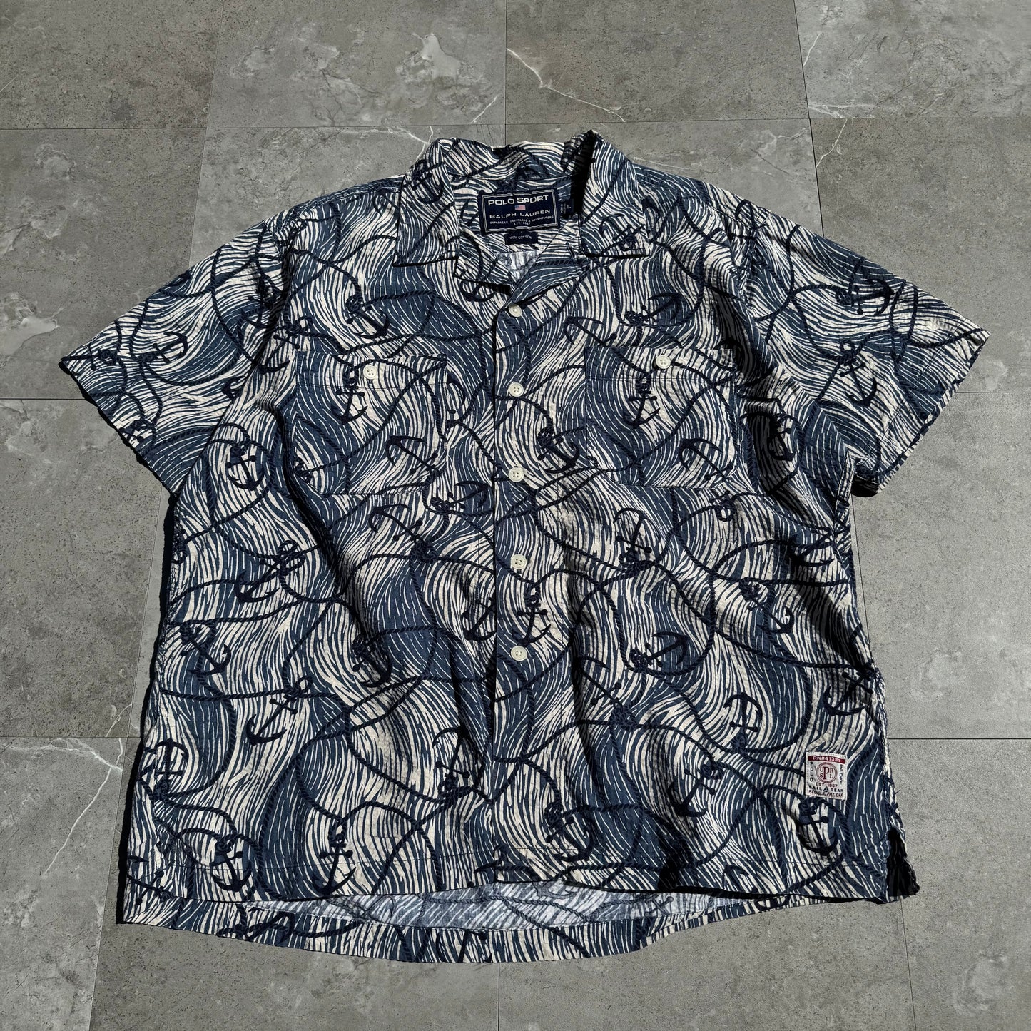 90s-00s Ralph Lauren Polo Sport Anchor Pattern Seersucker Open Collar Shirt KiiChain Clothing