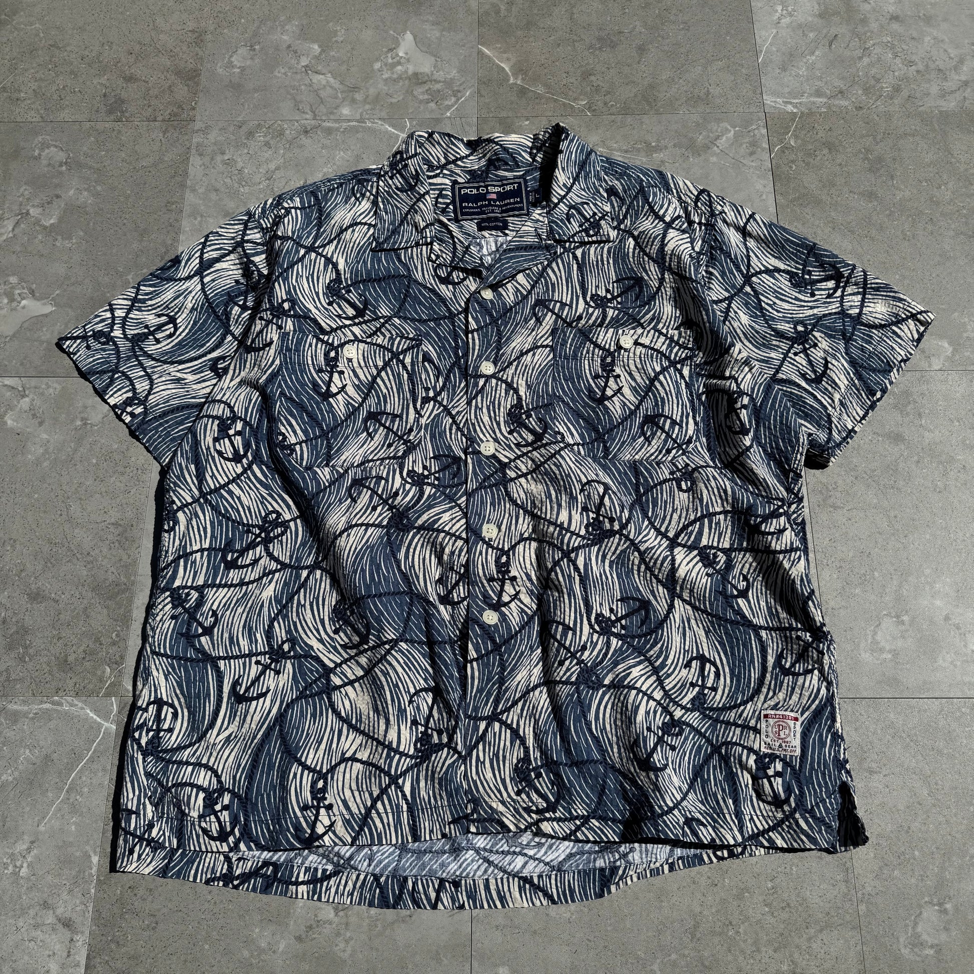 90s-00s Ralph Lauren Polo Sport Anchor Pattern Seersucker Open Collar Shirt KiiChain Clothing