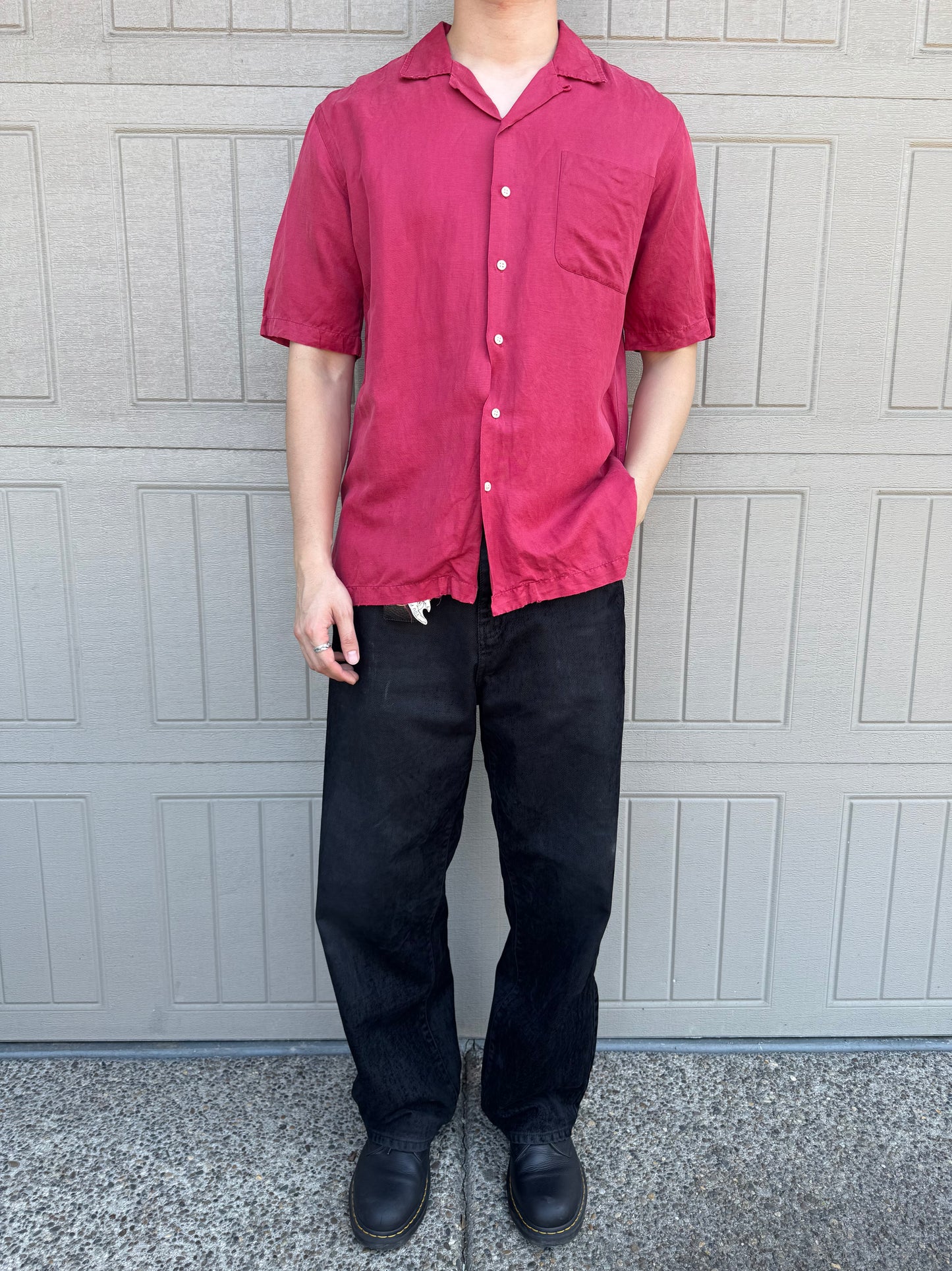 00s Polo by Ralph Lauren Caldwell Red Silk x Linen Open Collar Shirt M