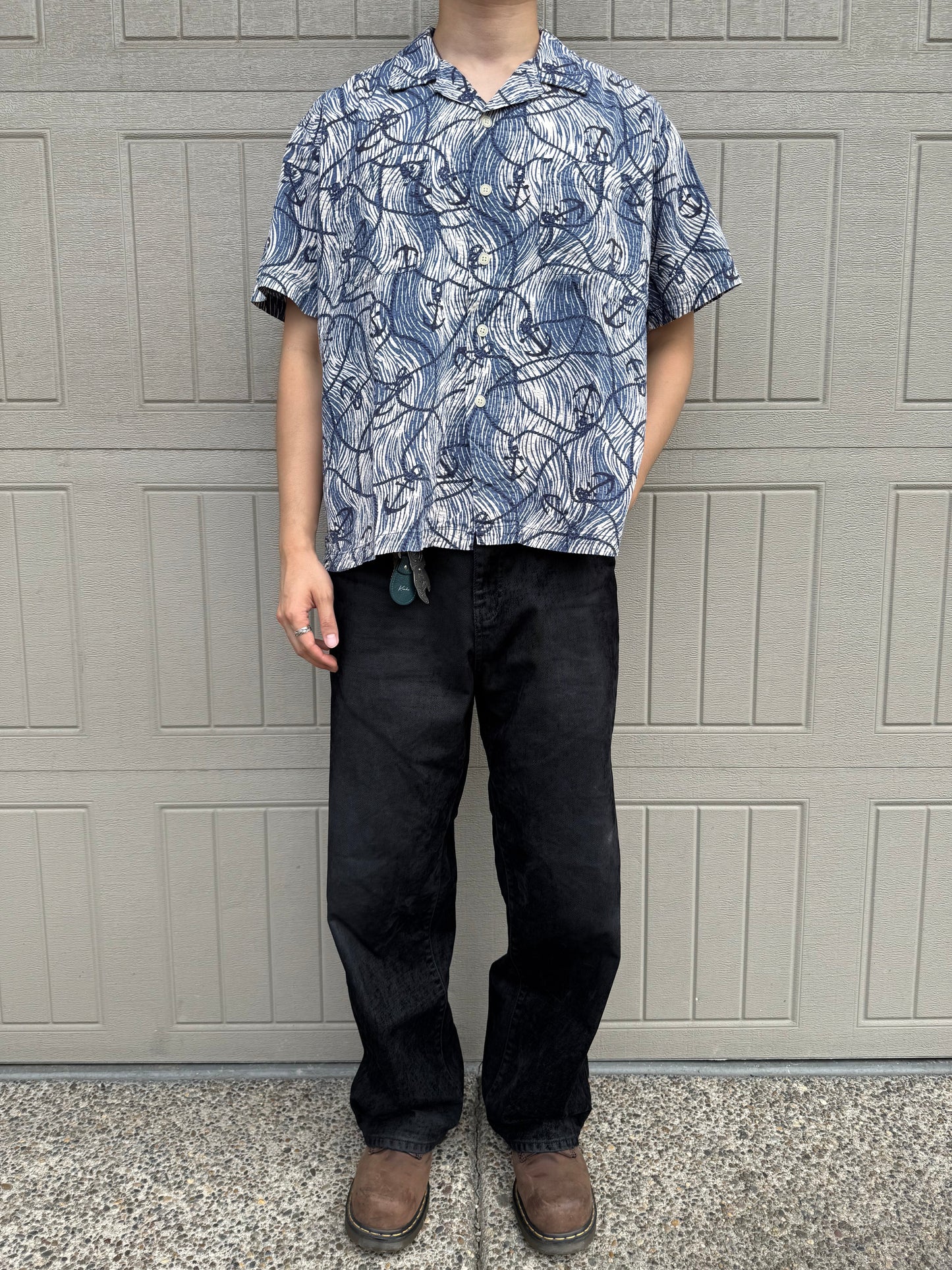 90s-00s Polo Sport Blue Anchor Graphic Seersucker Cotton Open Collar Shirt KiiChain Clothing