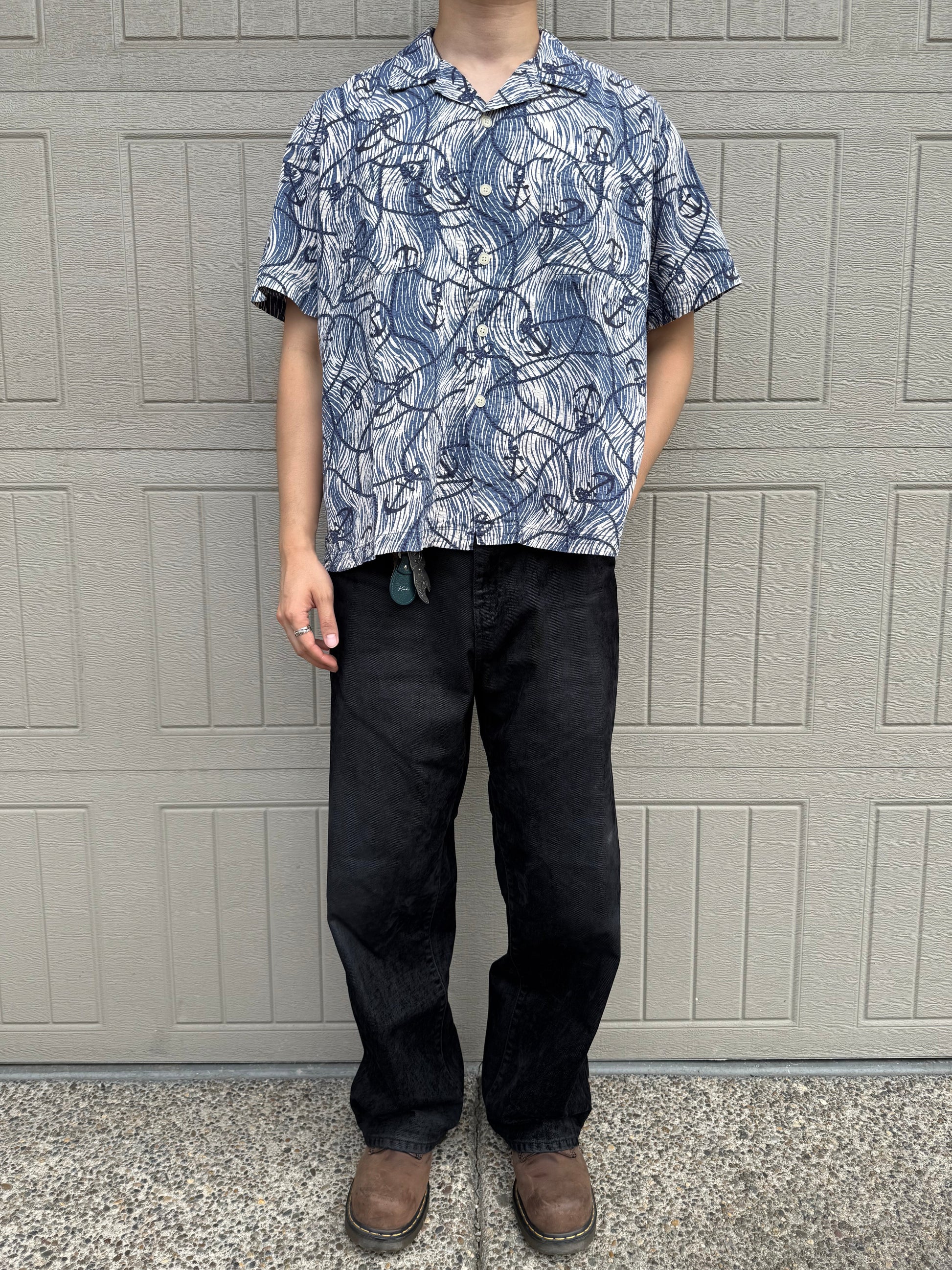 90s-00s Polo Sport Blue Anchor Graphic Seersucker Cotton Open Collar Shirt KiiChain Clothing