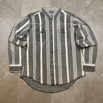 80s Wrangler X-Long Tails Made in USA Gray Striped Western Shirt