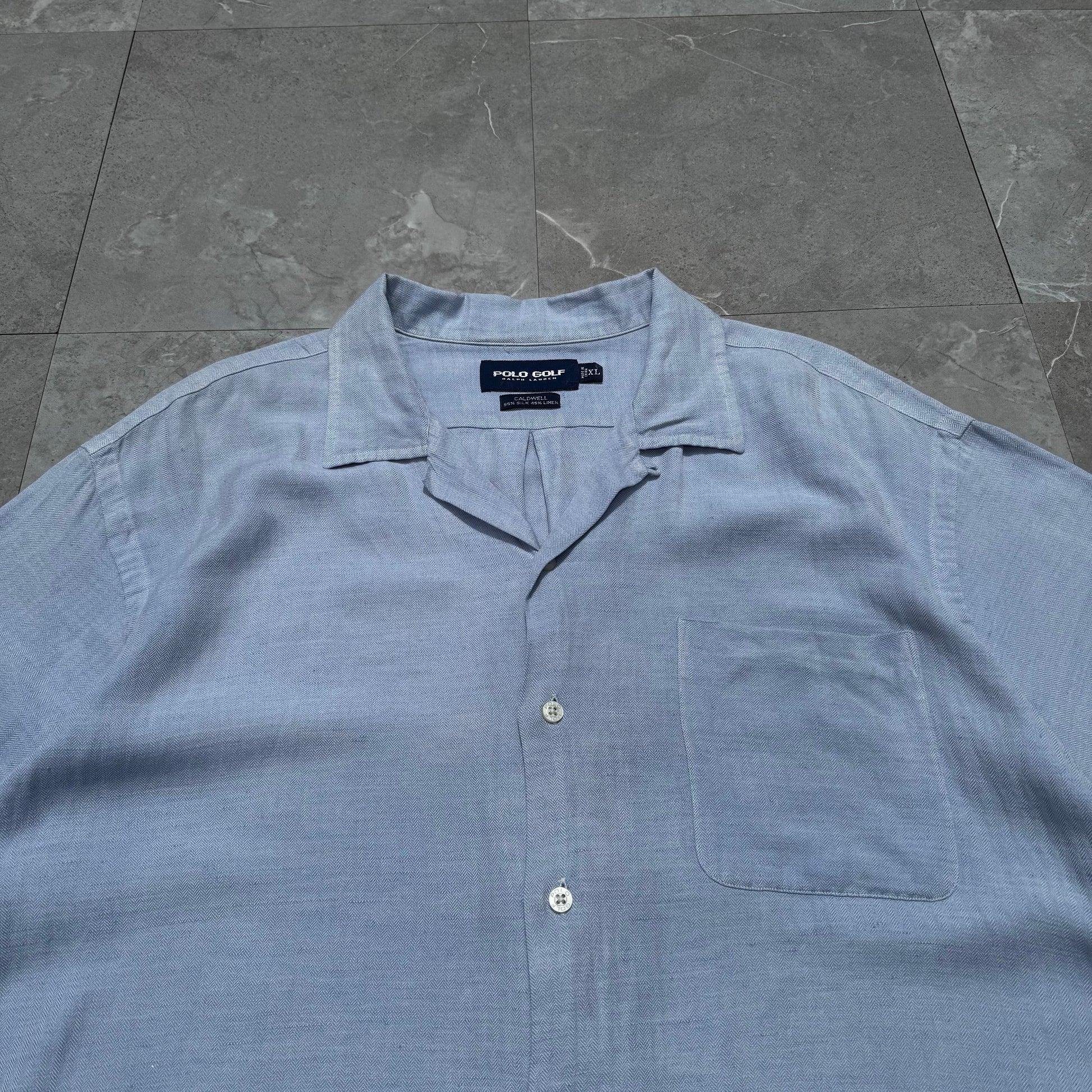 90s-00s Ralph Lauren Polo Golf Caldwell Blue Herringbone Silk x Linen Open Collar Shirt KiiChain Clothing