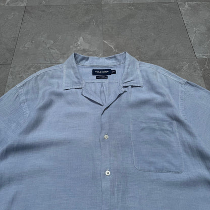 90s-00s Ralph Lauren Polo Golf Caldwell Blue Herringbone Silk x Linen Open Collar Shirt KiiChain Clothing