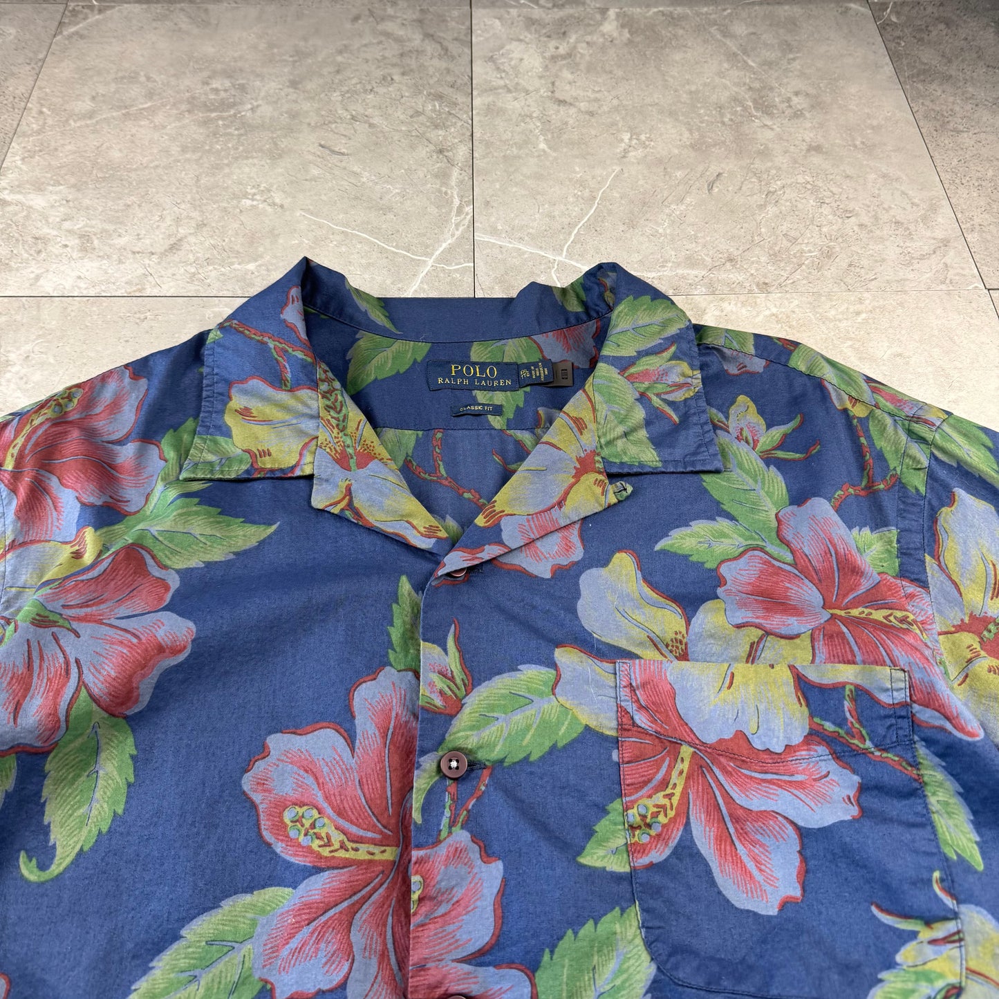 00s~ Polo Ralph Lauren Navy Hibiscus Open Collar Shirt XXL