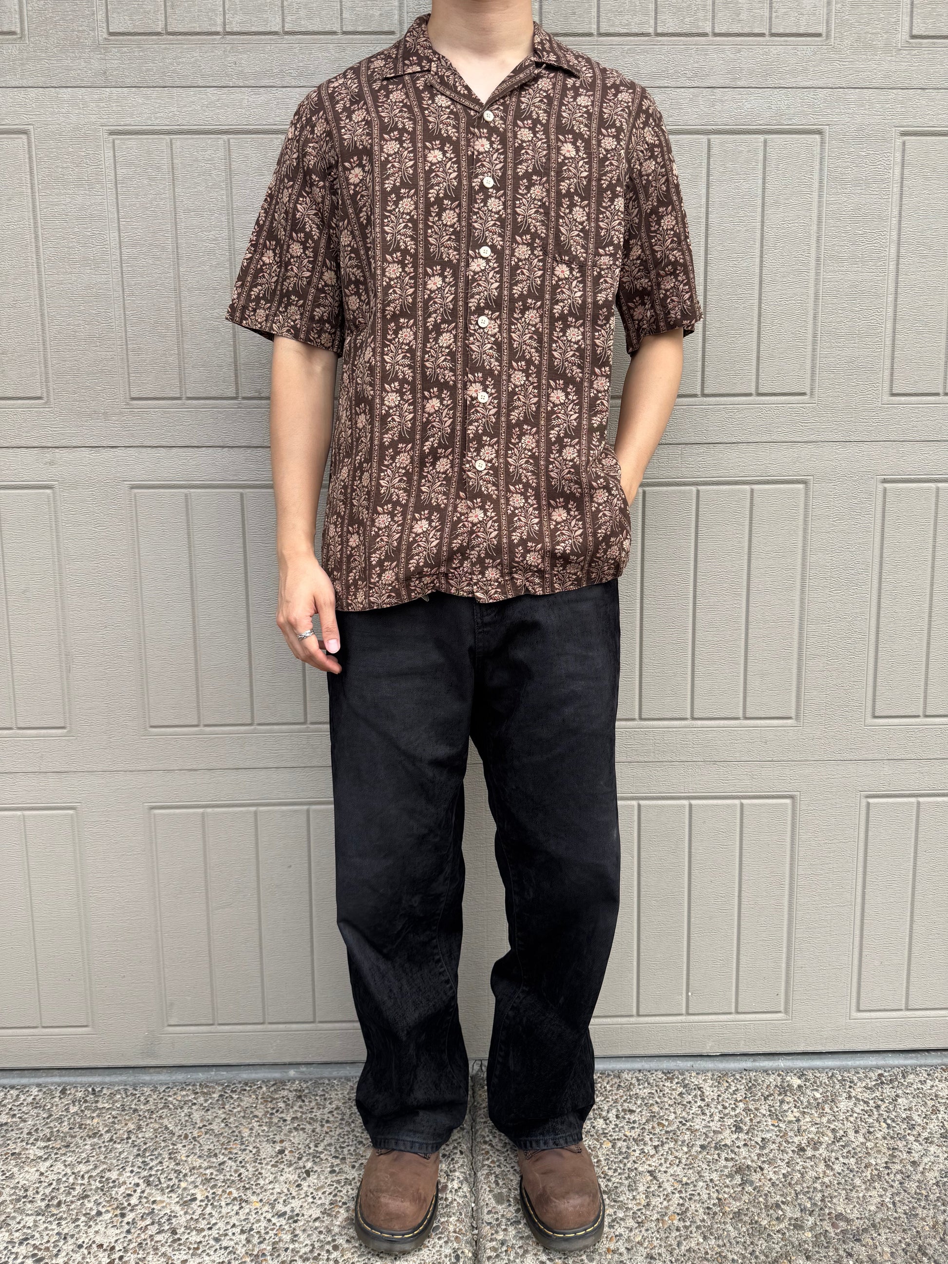 90s-00s Ralph Lauren Caldwell Silk x Linen Brown Floral Open Collar Shirt KiiChain Clothing