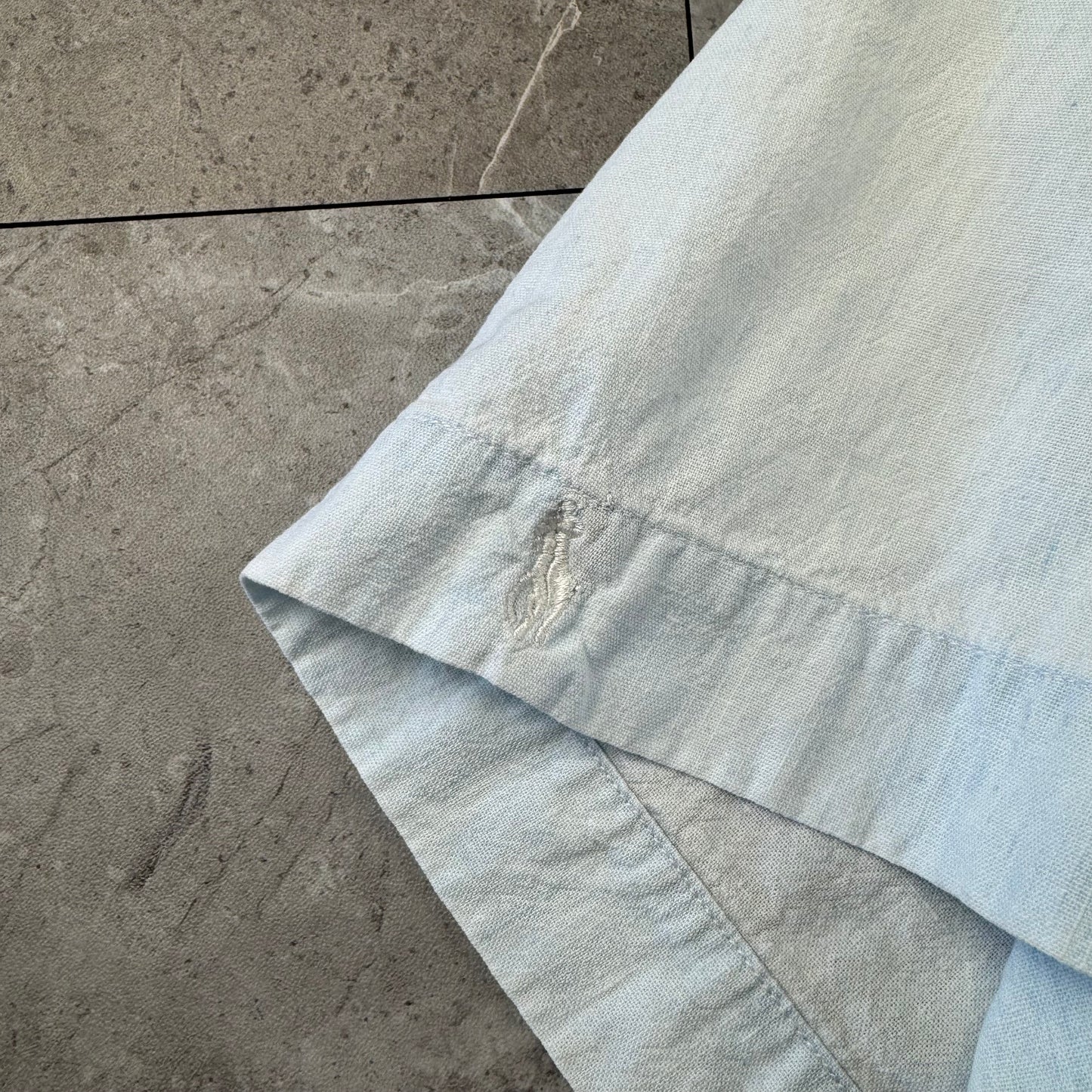 80s Ralph Lauren Faded Light Blue Sleeve Logo Open Collar Shirt Size 4