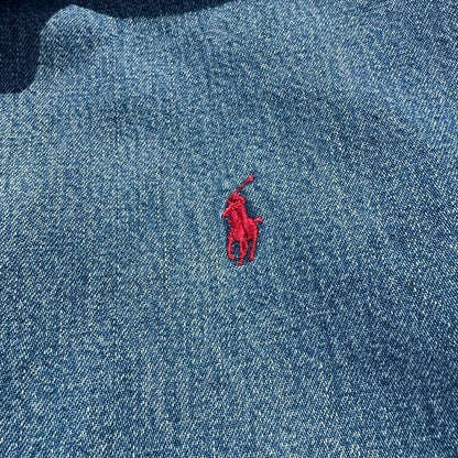 80s-90s Ralph Lauren Made in USA Red Fleece Lined Corduroy Collar Denim Swing Top Jacket