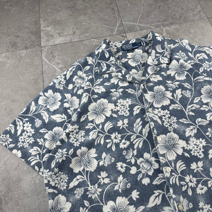 90s Polo by Ralph Lauren Navy Cotton Knit Floral Open Collar Shirt