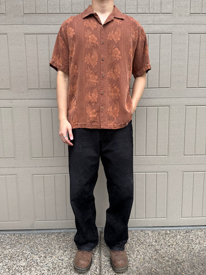 00s~ Tommy Bahama Brown Hibiscus 100% Silk Open Collar Shirt