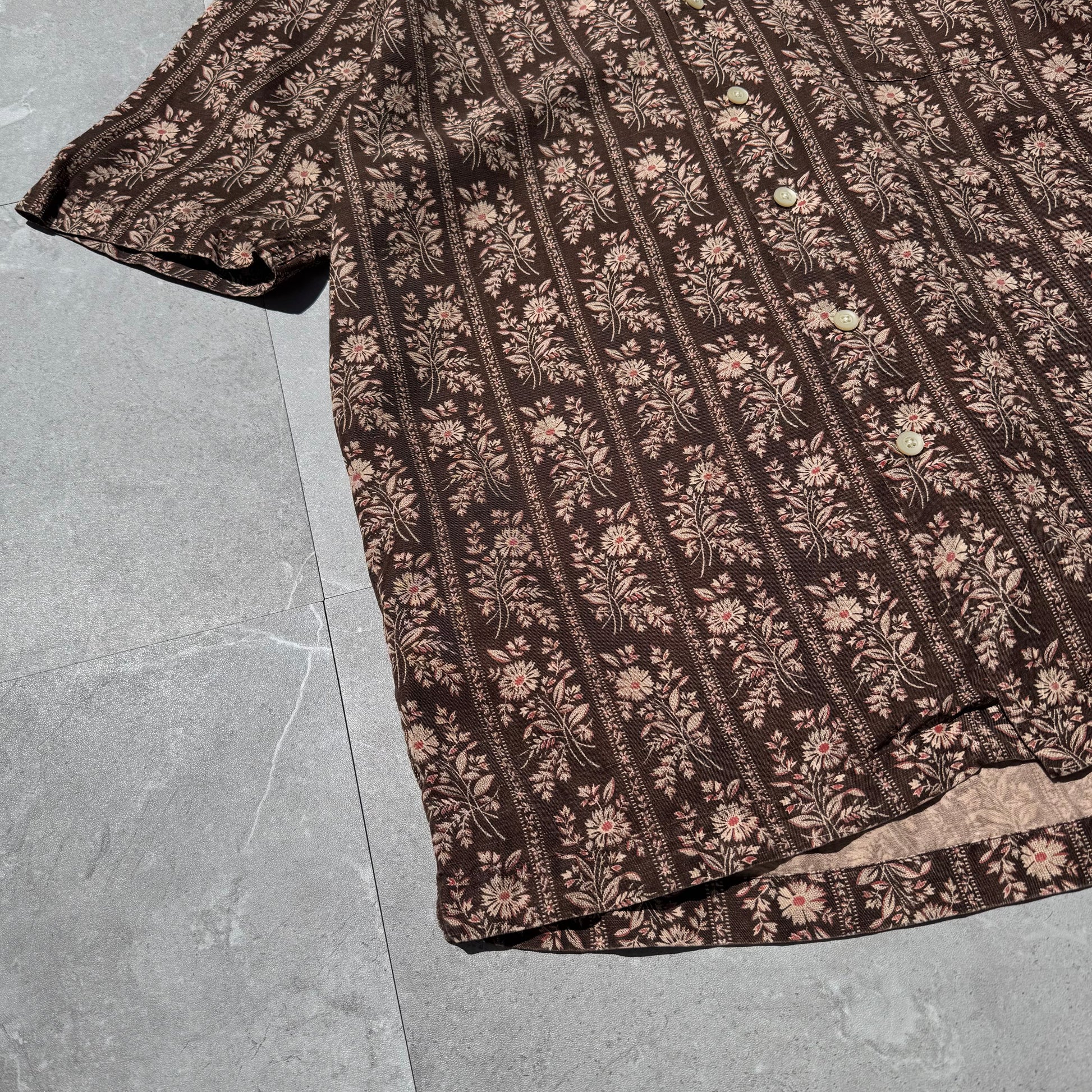 90s-00s Ralph Lauren Caldwell Silk x Linen Brown Floral Open Collar Shirt KiiChain Clothing