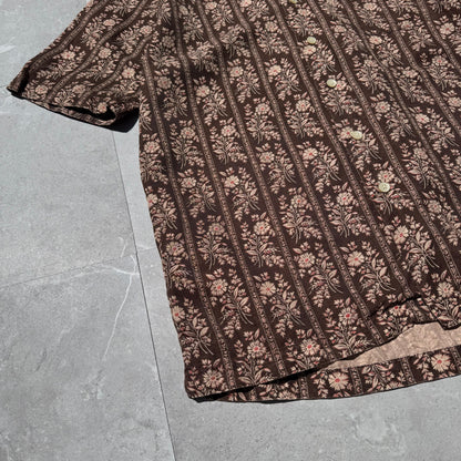 90s-00s Ralph Lauren Caldwell Silk x Linen Brown Floral Open Collar Shirt KiiChain Clothing
