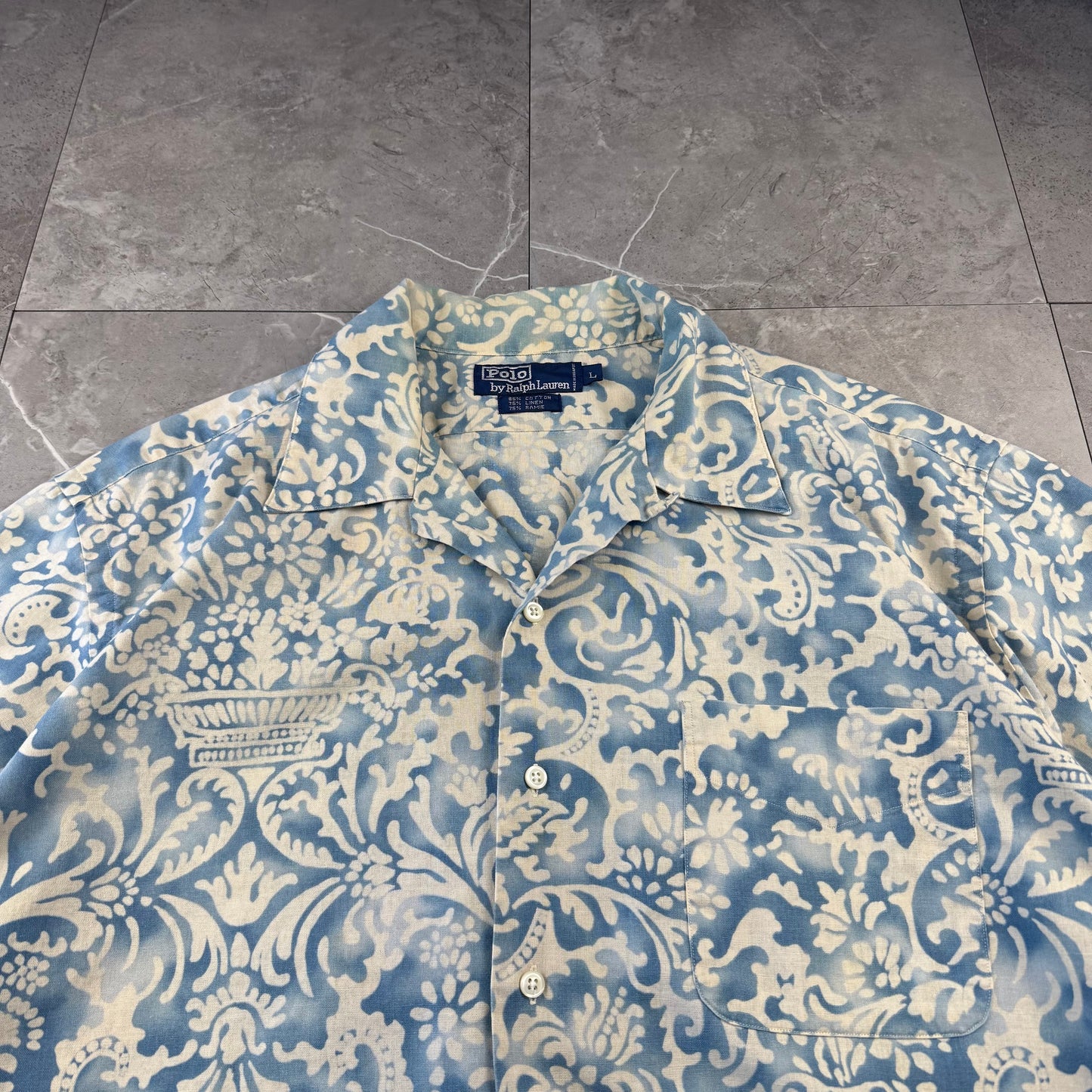 80s-90s Polo by Ralph Lauren Light Blue Paisley Cotton x Linen x Ramie Open Collar Shirt L