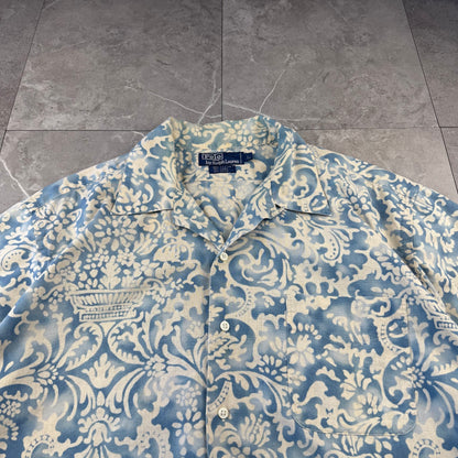 80s-90s Polo by Ralph Lauren Light Blue Paisley Cotton x Linen x Ramie Open Collar Shirt L