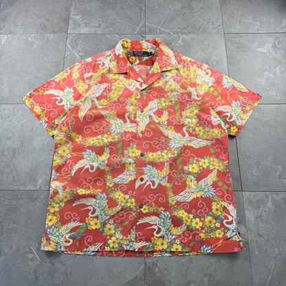 00s Polo by Ralph Lauren Red Rare Crane Graphic Open Collar Shirt L