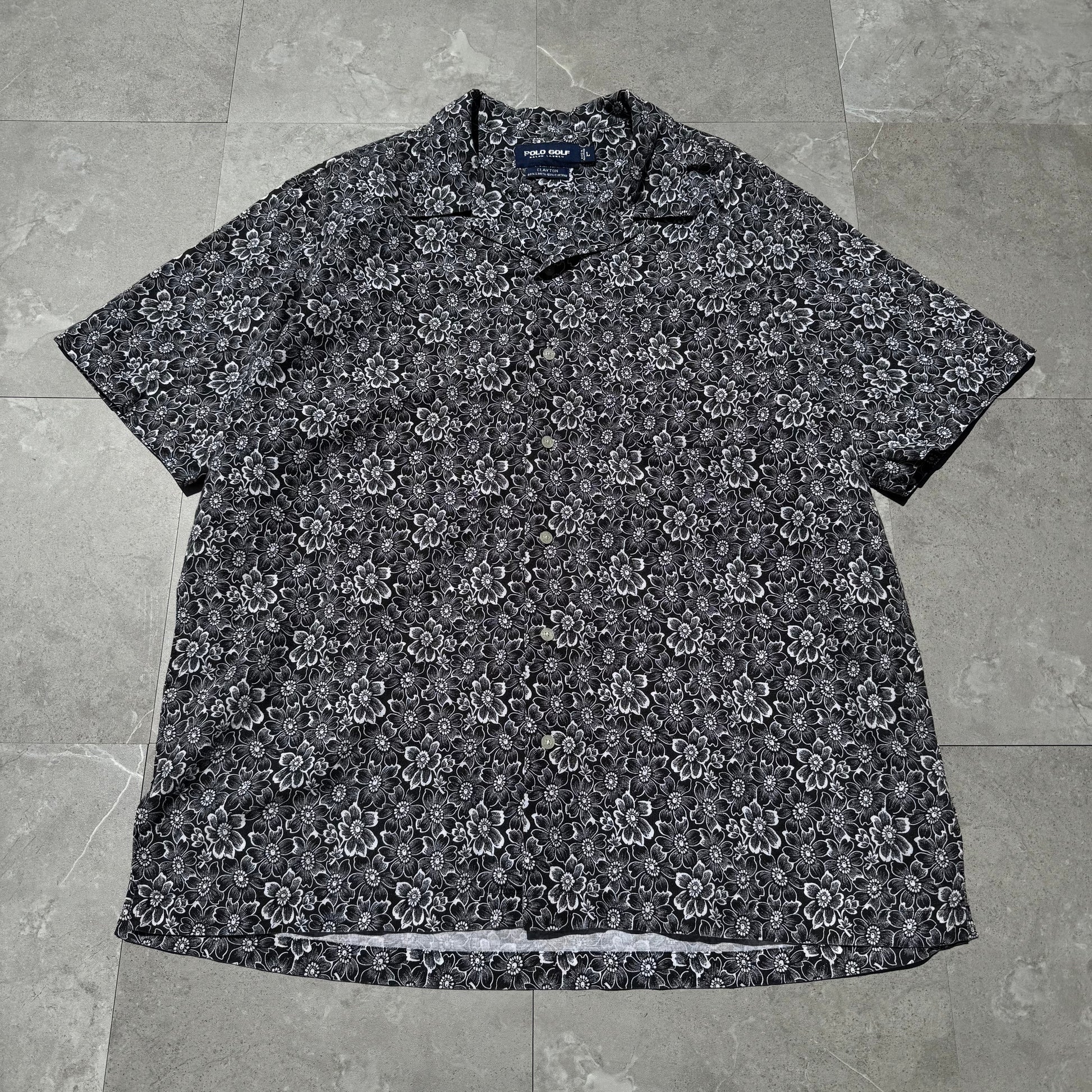 90s-00s Ralph Lauren Polo Golf Clayton Black Floral Linen x Cotton Open Collar Shirt KiiChain Clothing