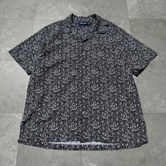 90s-00s Ralph Lauren Polo Golf Clayton Black Floral Linen x Cotton Open Collar Shirt KiiChain Clothing