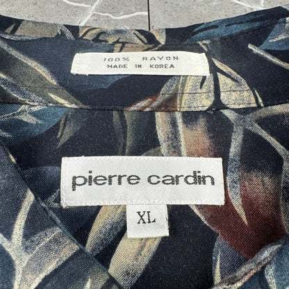 80s-90s Pierre Cardin Black Leaf Pattern 100% Rayon Short Sleeve Shirt XL