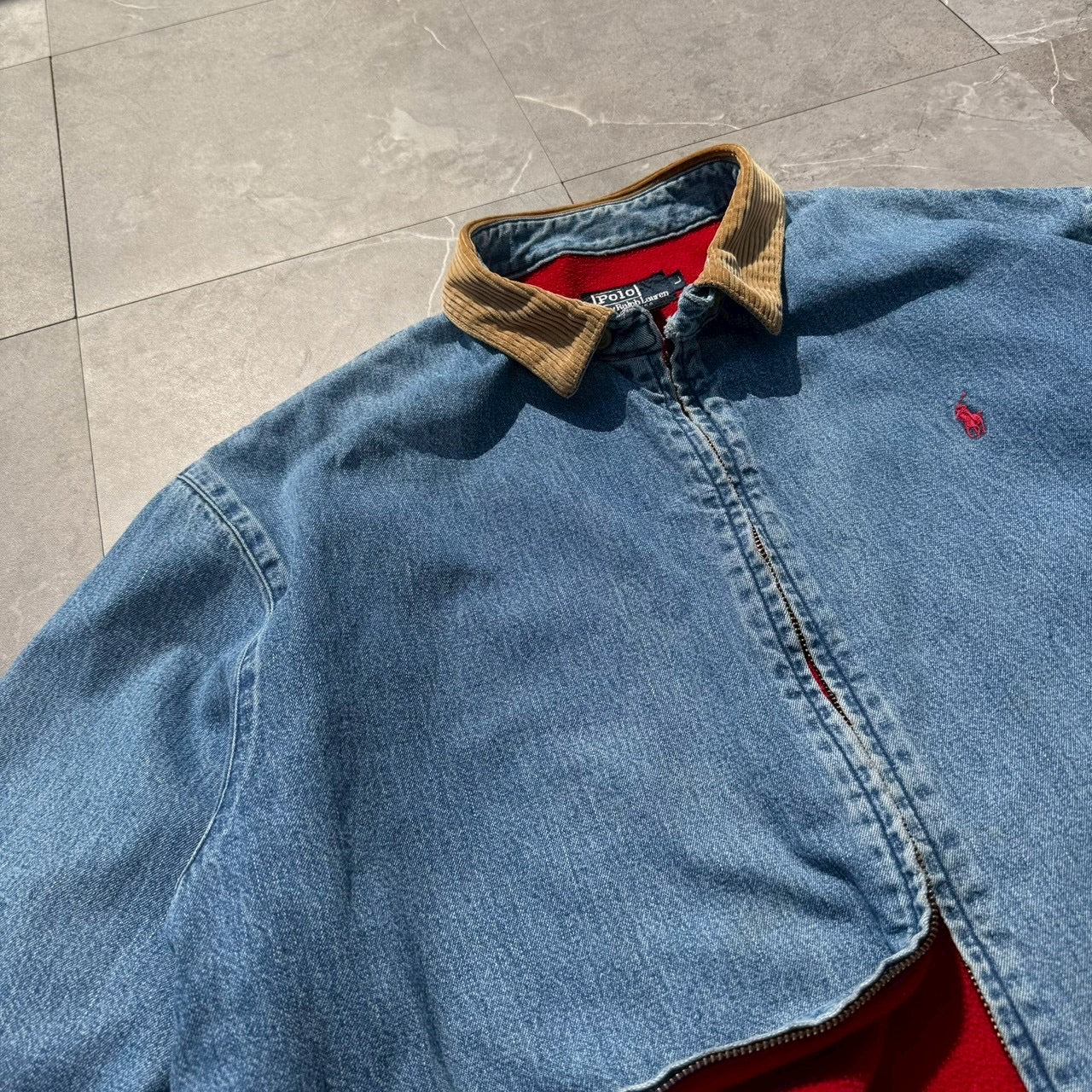 80s-90s Ralph Lauren Made in USA Red Fleece Lined Corduroy Collar Denim Swing Top Jacket