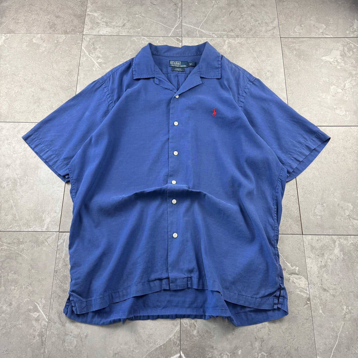 00s Polo by Ralph Lauren Curham Blue Linen x Cotton Open Collar Shirt L