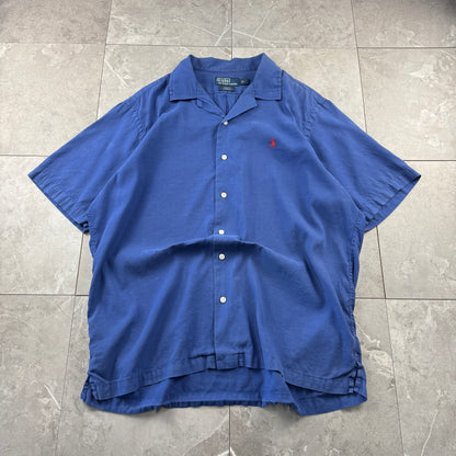 00s Polo by Ralph Lauren Curham Blue Linen x Cotton Open Collar Shirt L