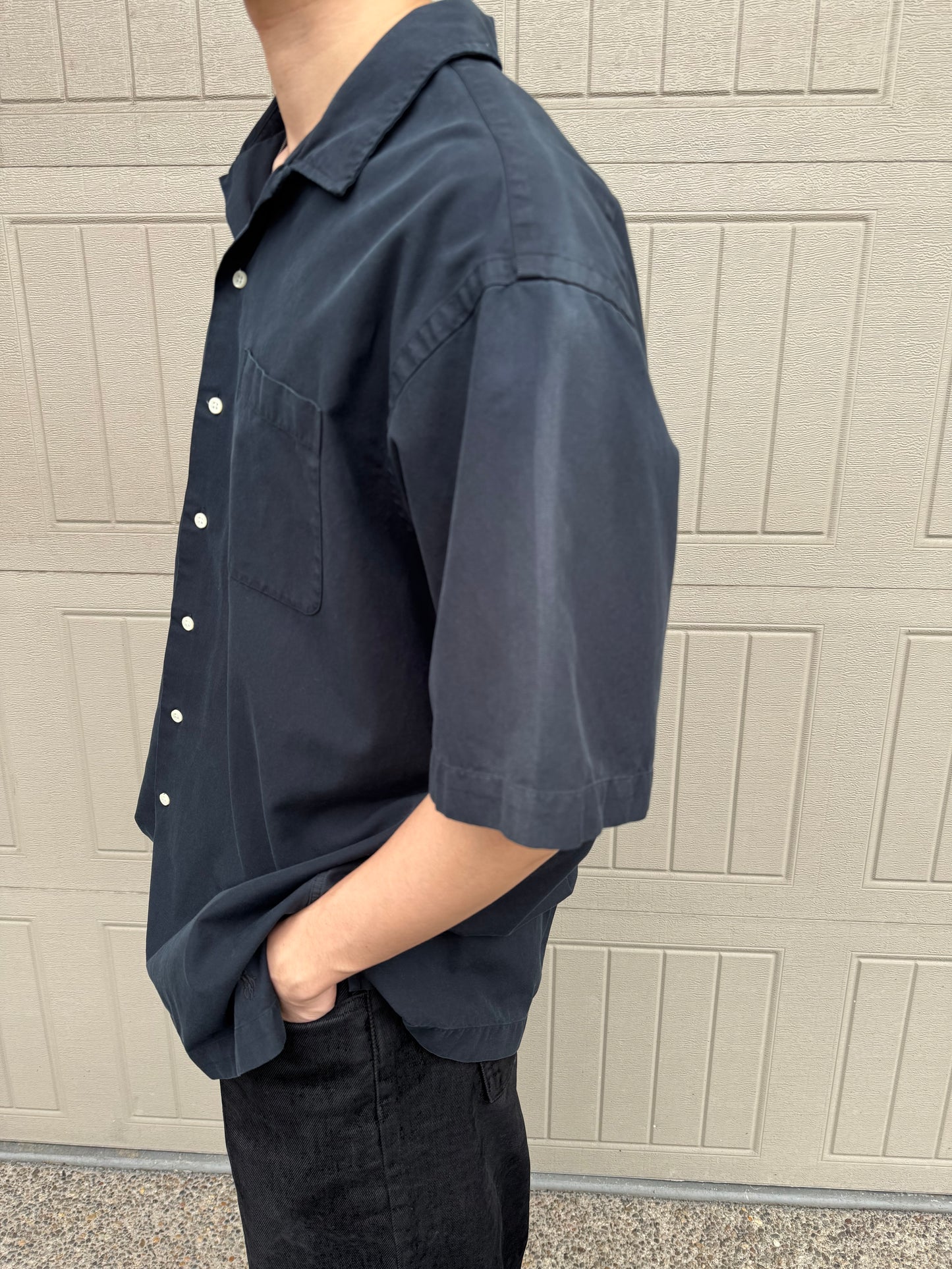 00s Polo by Ralph Lauren Black Sun Faded Silk x Cotton Open Collar Shirt