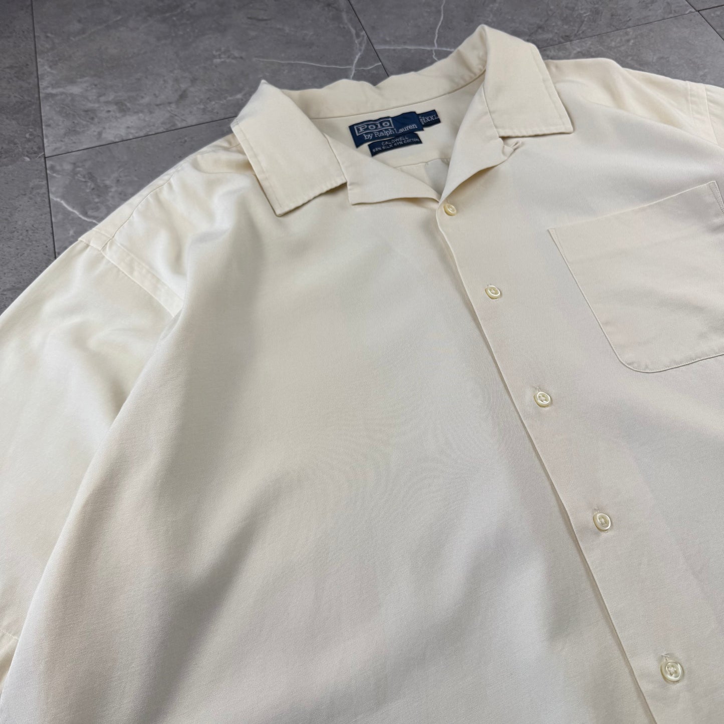 00s Polo by Ralph Lauren Caldwell Cream No-Pony Silk x Cotton Open Collar Shirt XXL