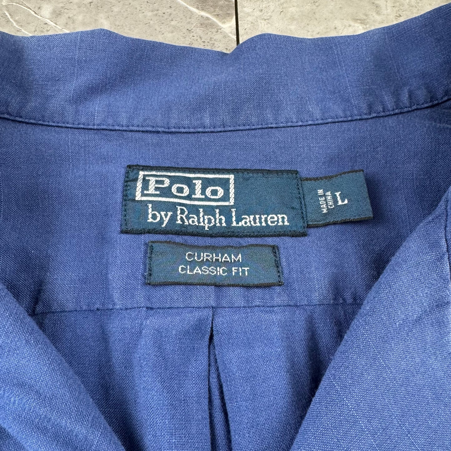 00s Polo by Ralph Lauren Curham Blue Linen x Cotton Open Collar Shirt L