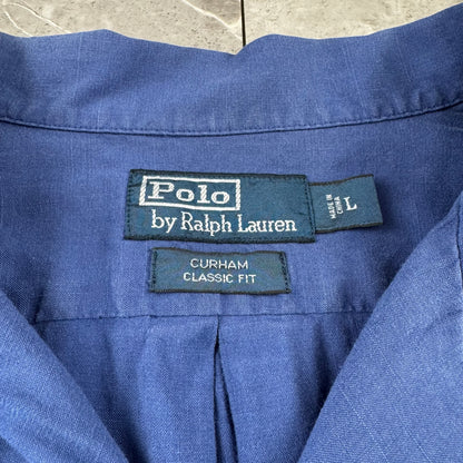 00s Polo by Ralph Lauren Curham Blue Linen x Cotton Open Collar Shirt L