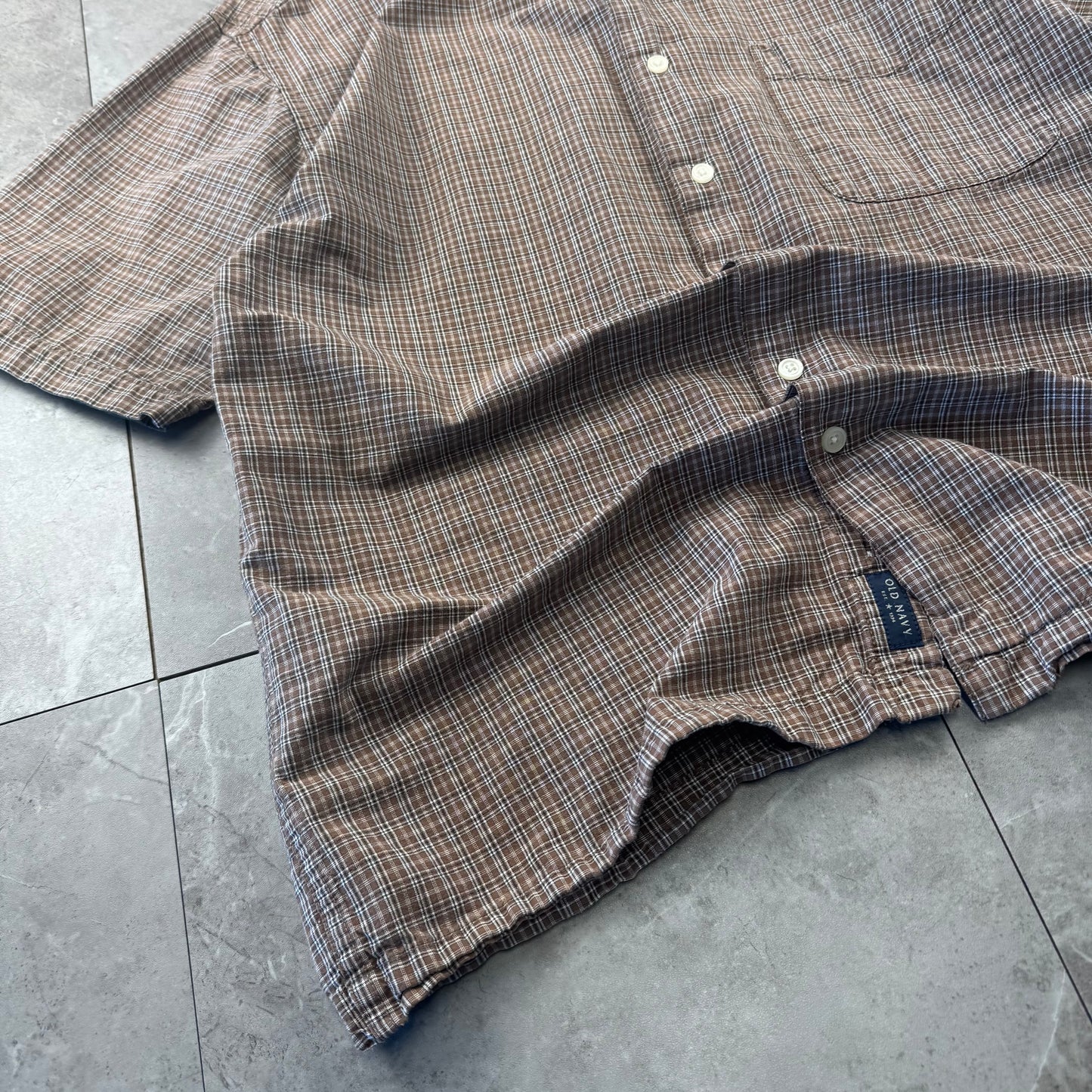 90s Old Navy Brown Checkered Short Sleeve Shirt M